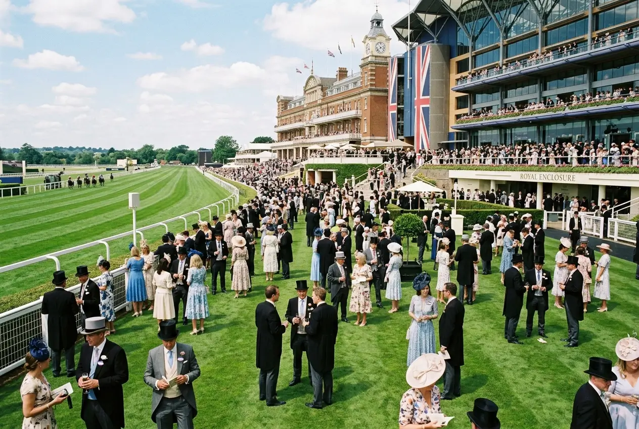 Royal Ascot Royal Enclosure with formally dressed racegoers and the racecourse grandstand on a summer afternoon