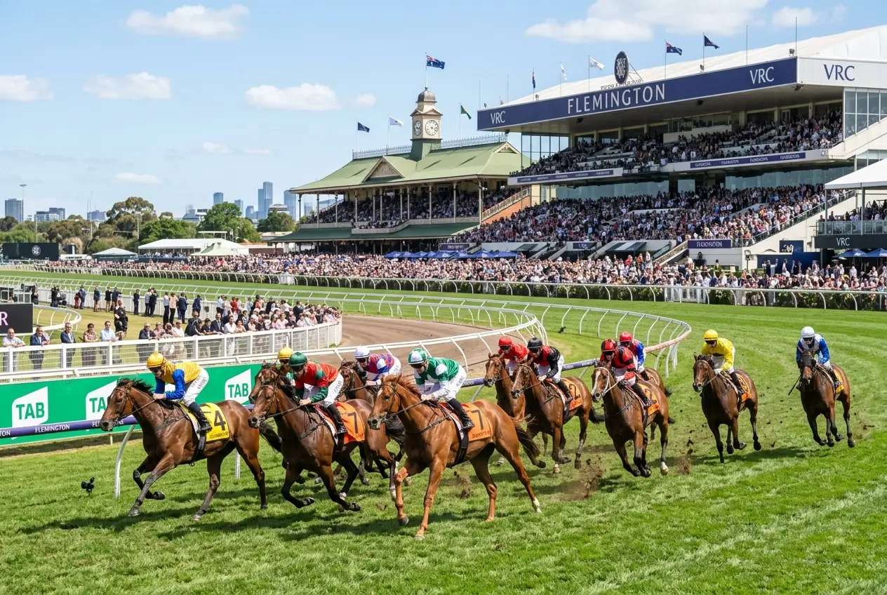 Flemington racecourse runners in a quaddie leg race with TAB pool betting board in background