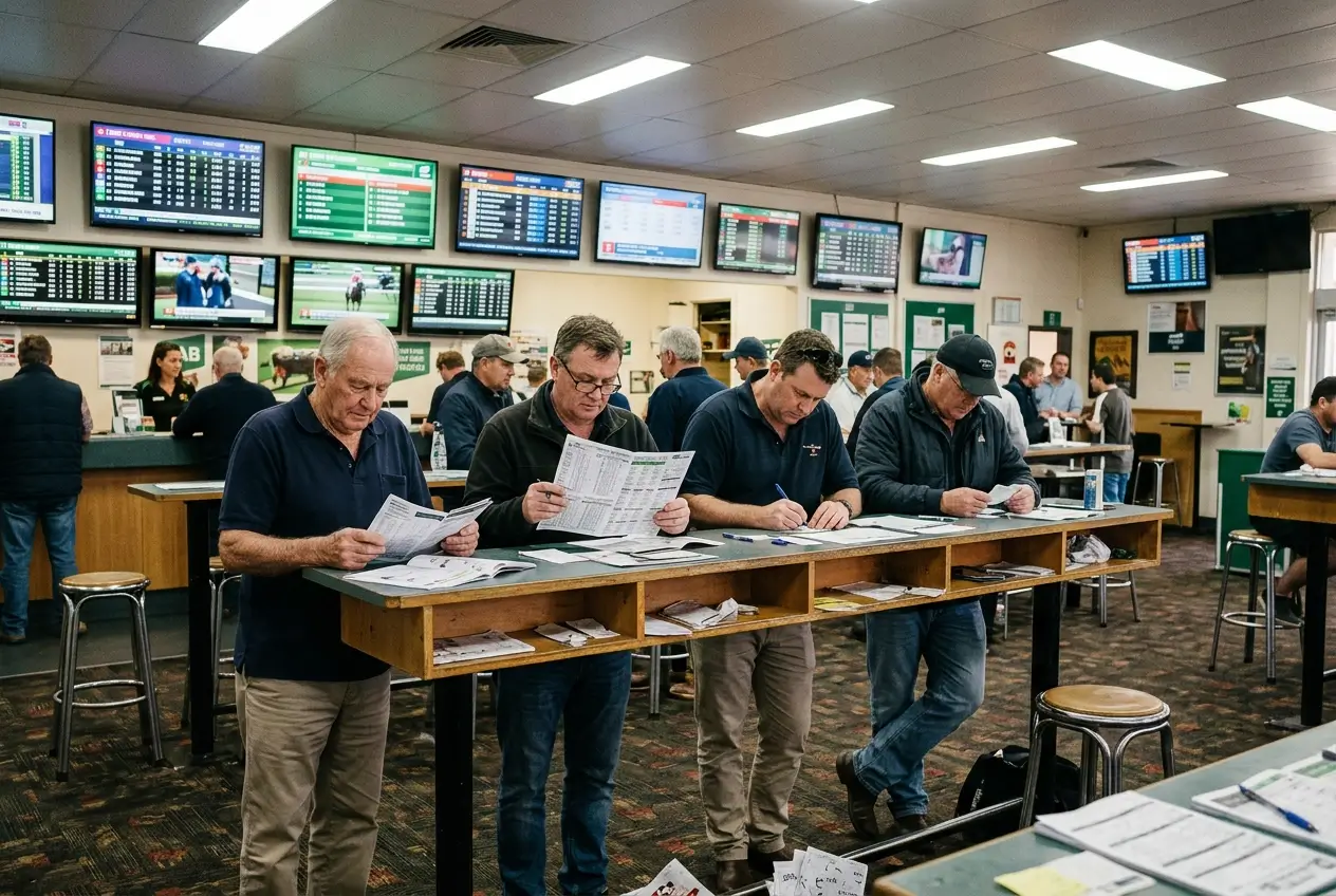 Australian TAB betting shop interior with punters studying race cards