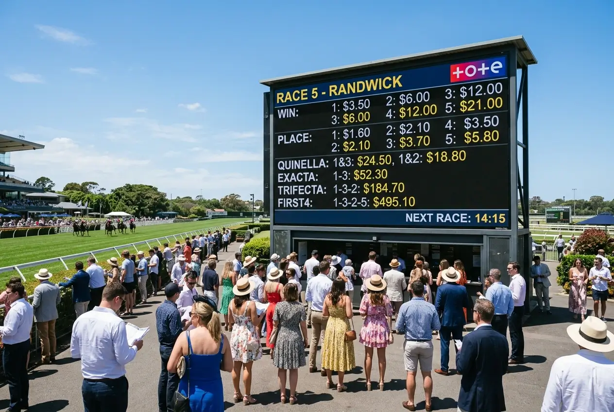Australian thoroughbred horse race with large crowd and Tote board showing deep pool product betting volumes