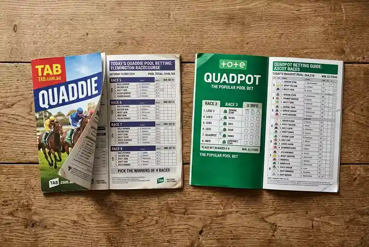 Two race programmes side by side, one from an Australian TAB meeting and one from a British racecourse, showing quaddie and Quadpot pool details