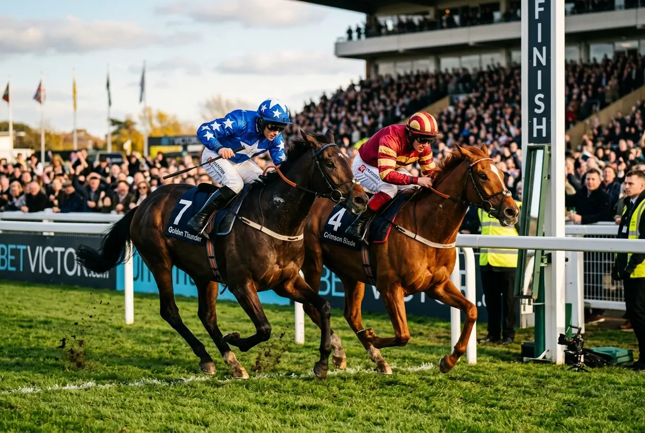 Close horse racing finish showing a heavily backed favourite being beaten by a rival at the line