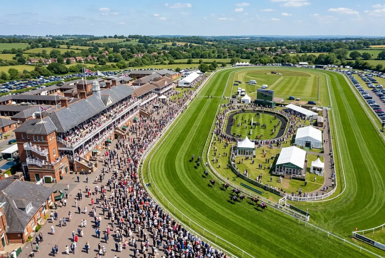 Aerial view of a busy British racecourse with grandstand and track crowds on race day