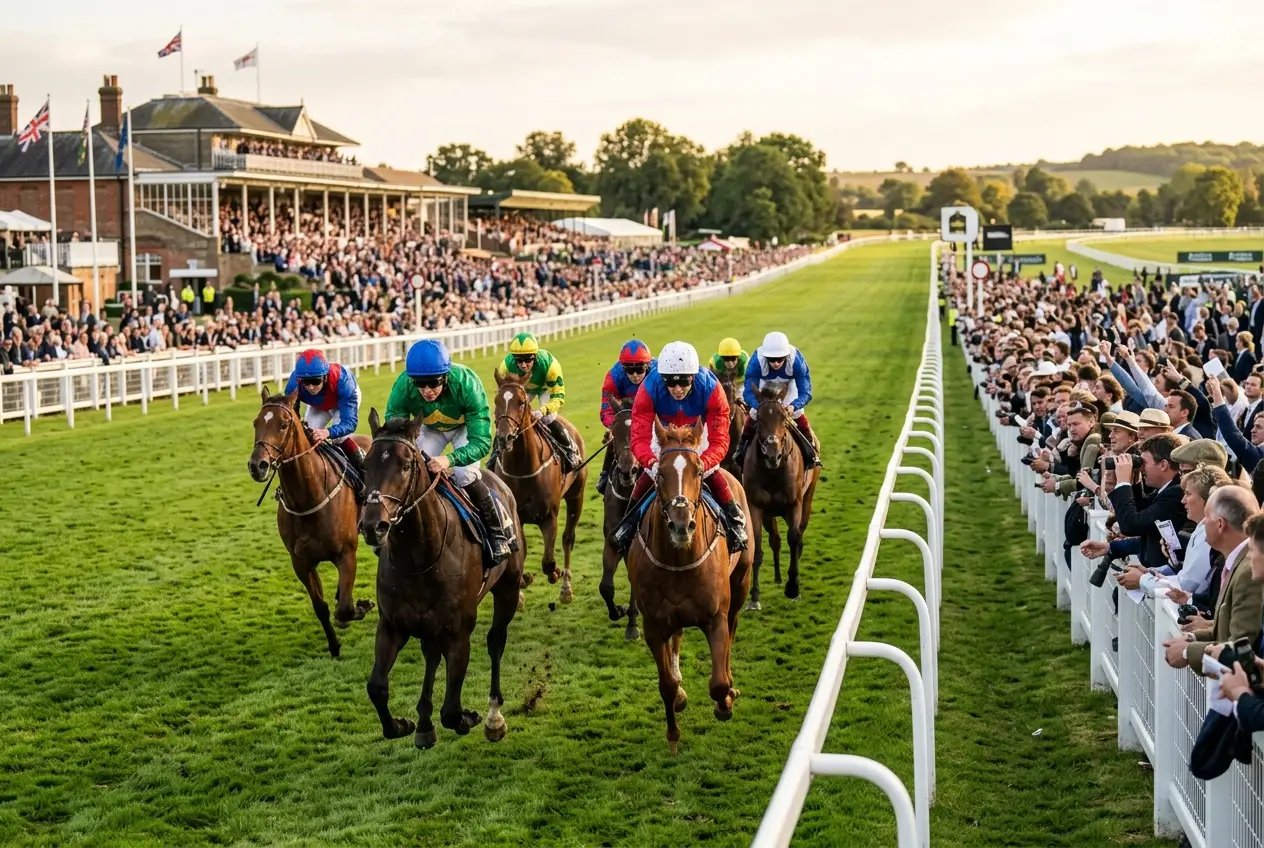 Horses racing on a British turf track with grandstand spectators in the background