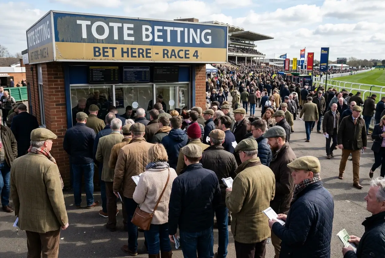 Queue of casual punters at a Tote betting window on Grand National day at Aintree