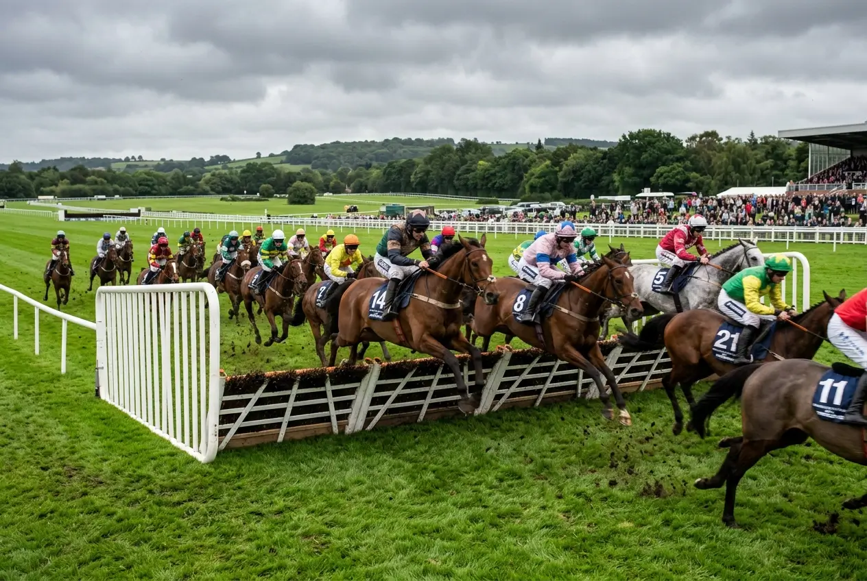 Large field of racehorses jumping a hurdle at Cheltenham Festival showing the competitive depth