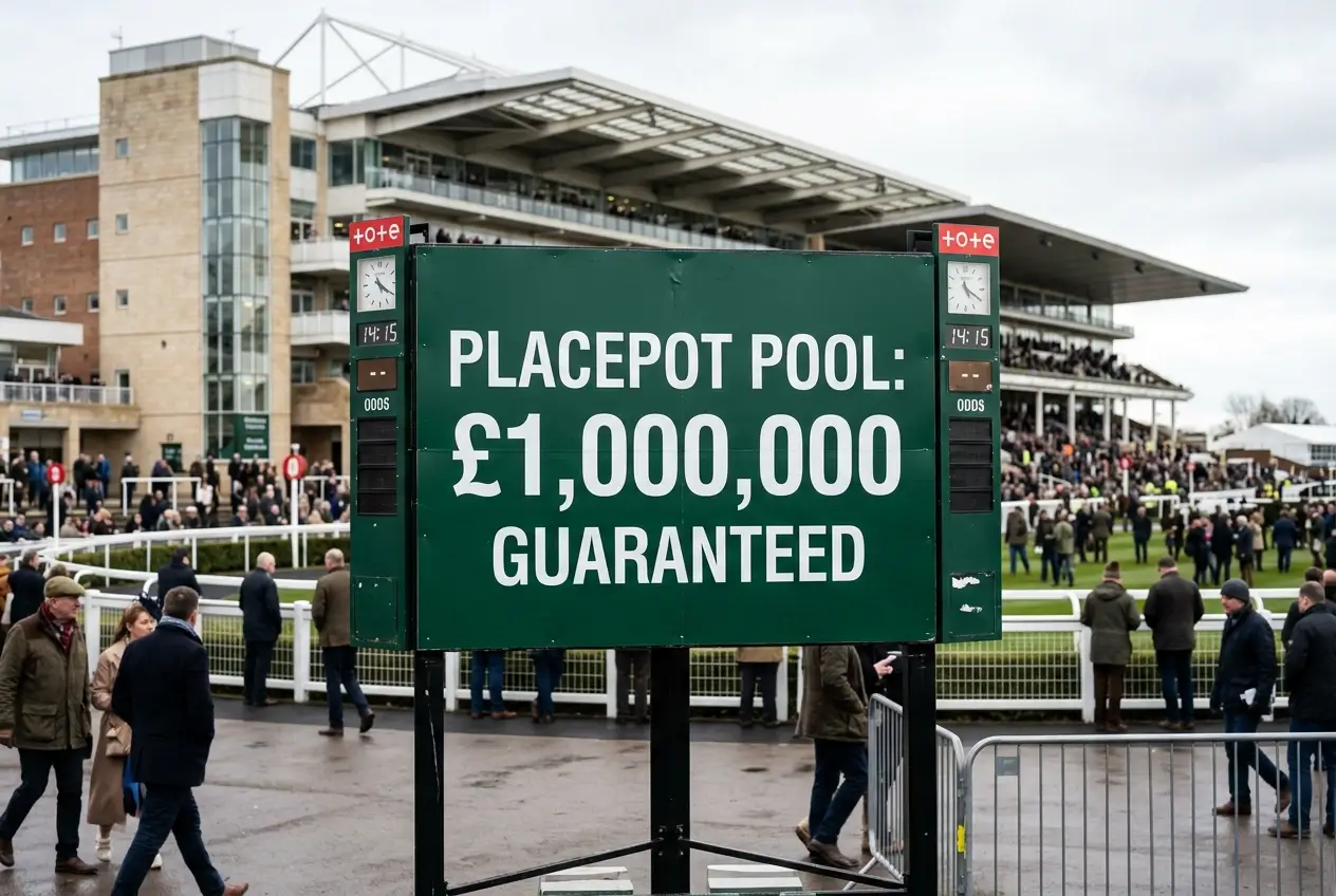 Tote board at Cheltenham Festival showing large Placepot guaranteed pool amount with crowds in the background