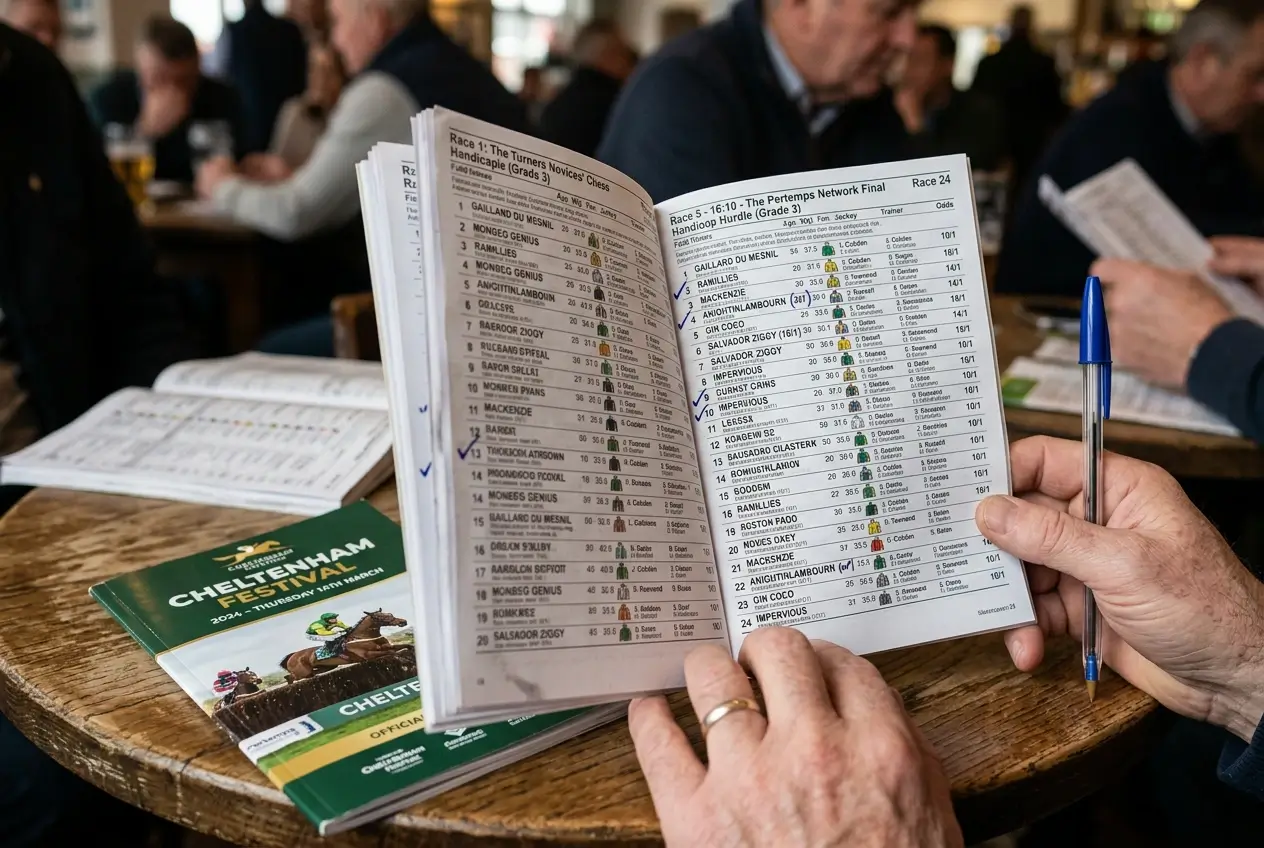 Cheltenham Festival race card with Placepot selections spread across competitive handicap races
