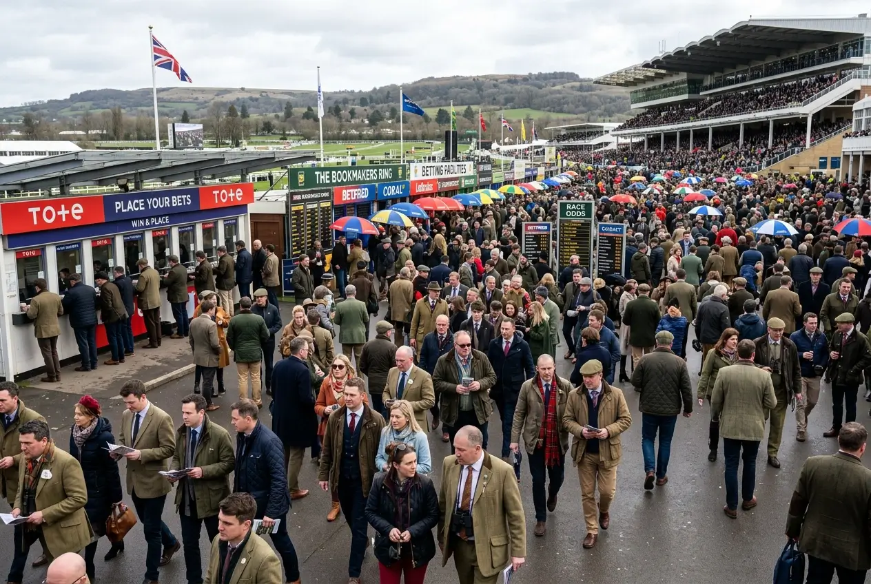 Cheltenham Festival racecourse atmosphere with the betting ring and spectators on a March race day