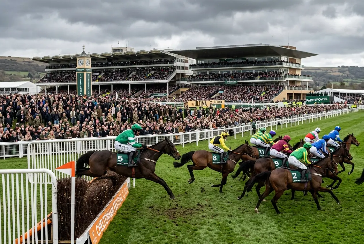 Horses racing over fences at Cheltenham Festival with packed grandstand and betting boards