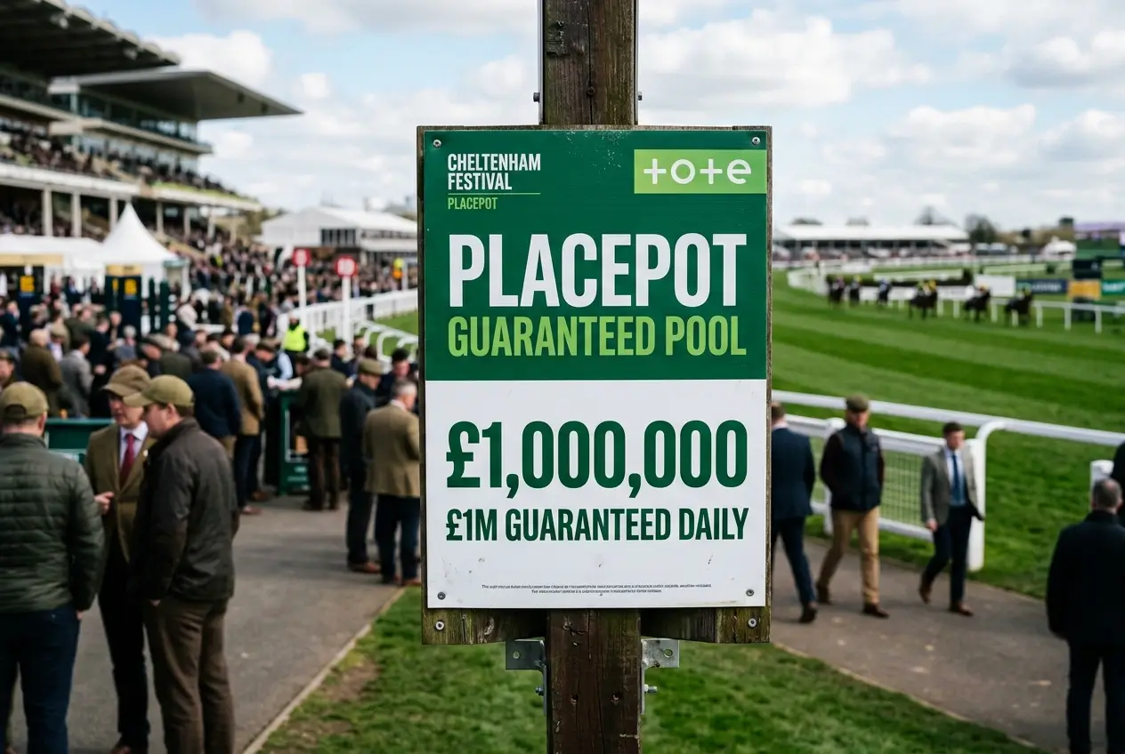 Tote Placepot pool guarantee announcement display at Cheltenham Festival showing the million-pound floor