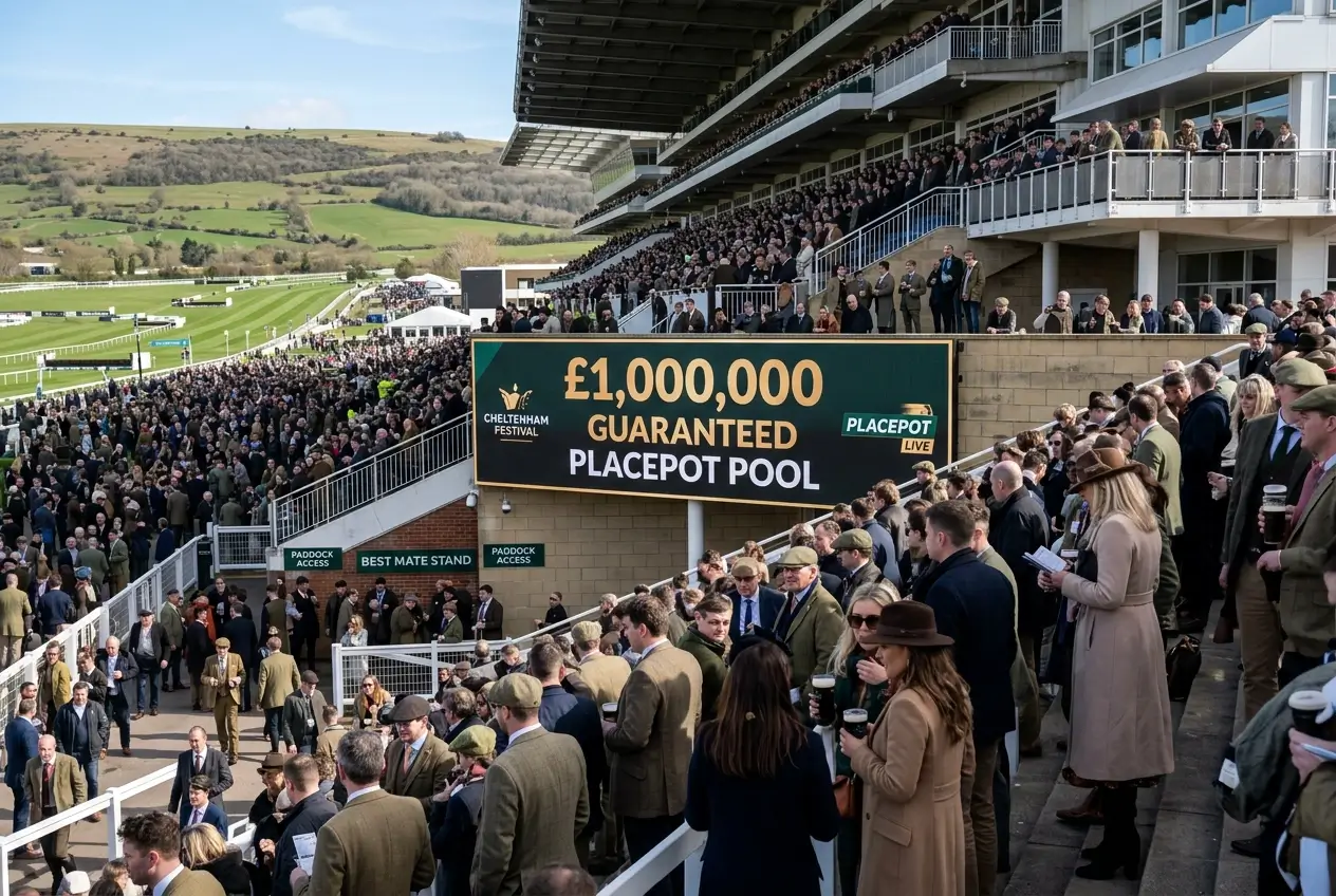 Cheltenham Festival crowd with Tote guaranteed pool display showing million-pound Placepot pool
