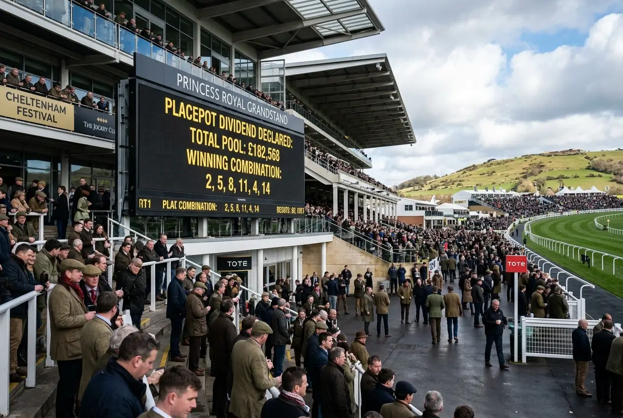 Cheltenham Festival Tote board showing Placepot record declared dividend to winning tickets