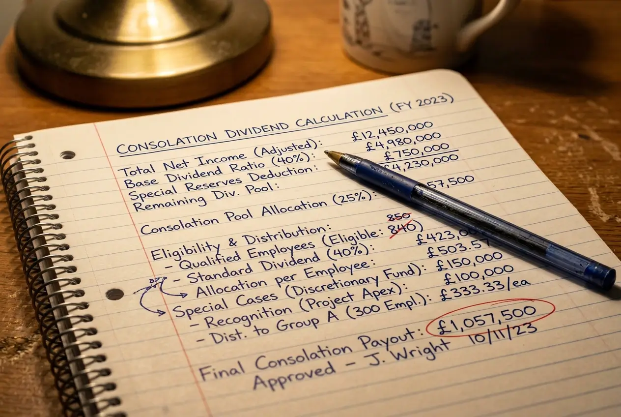 Handwritten consolation dividend calculation notes for terminating quaddie