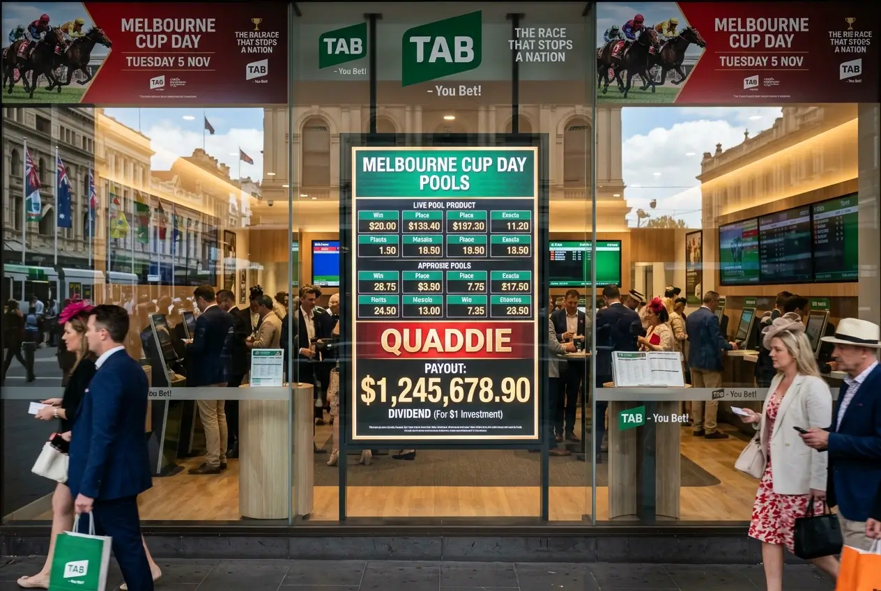 Australian TAB pool betting board on Melbourne Cup day showing quaddie and First 4 dividend amounts