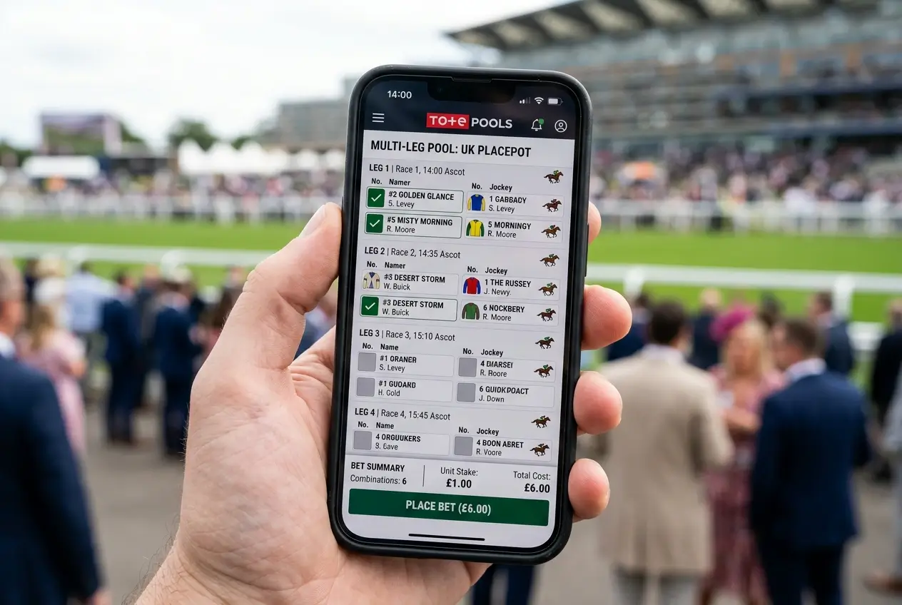 Digital betting confirmation screen showing pool bet ticket reference and selections