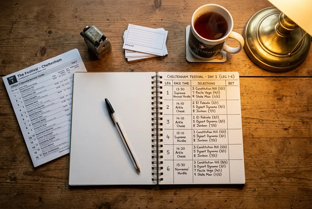 Punter planning a Cheltenham Festival Placepot coverage structure with race cards and notes