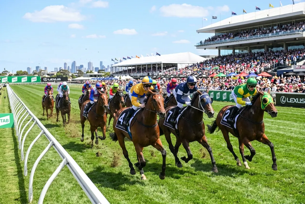 Horses racing on the Flemington turf with the Cup day grandstand crowd in full view behind the track