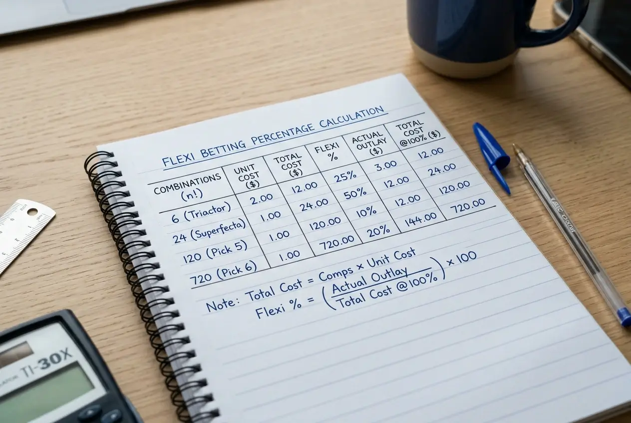 Flexi betting percentage calculation for quaddie pool with cost breakdown