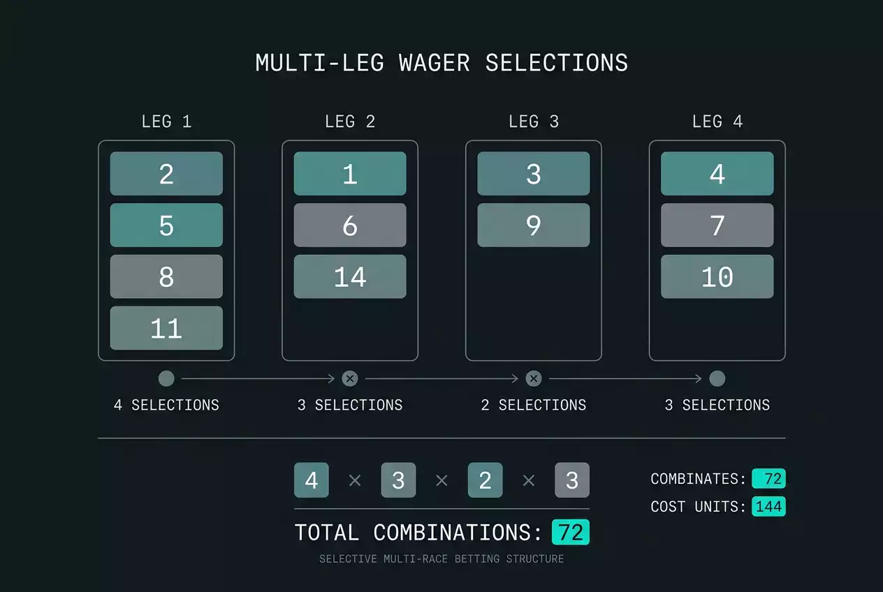 Simple bar chart showing how selections per leg multiply quaddie combinations and cost