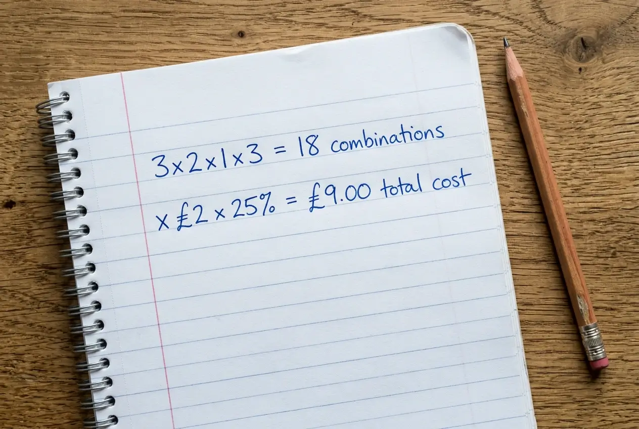 Handwritten cost calculation showing flexi percentage applied to pool bet combination count