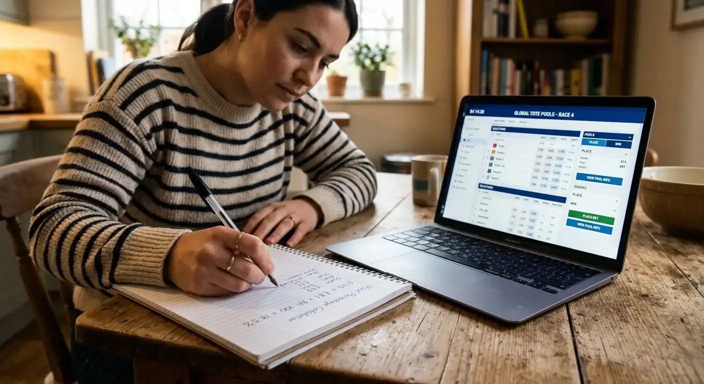 Person writing flexi percentage calculation on paper next to a laptop showing tote pool betting interface