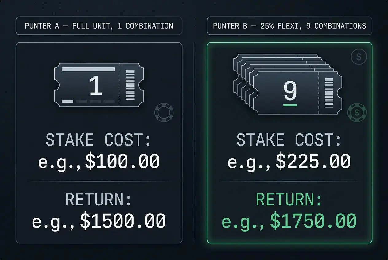 Worked example comparing two punters holding the same winning quaddie combination but receiving different returns due to flexi percentages