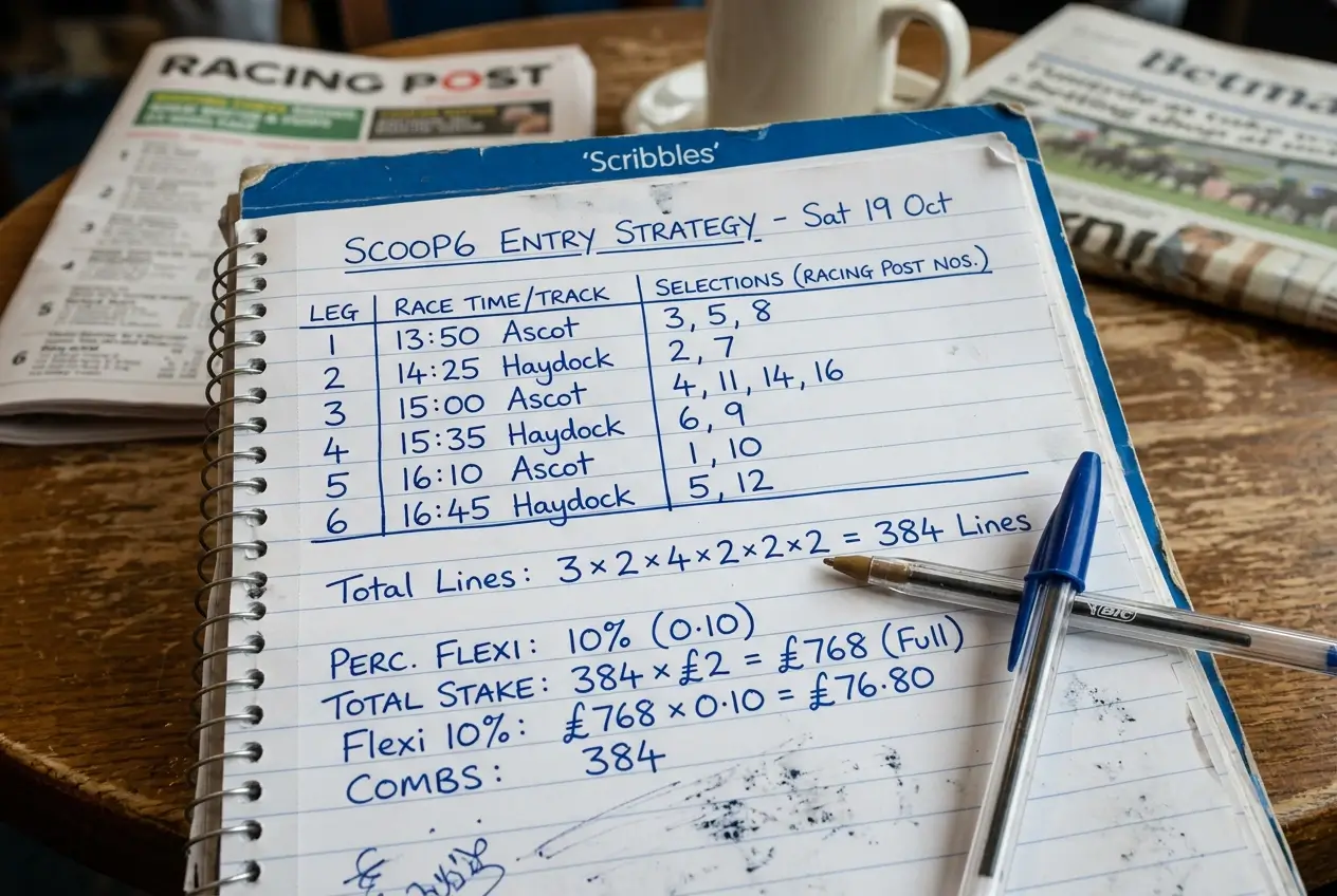 Flexi stake Scoop6 entry strategy written in punter's notebook