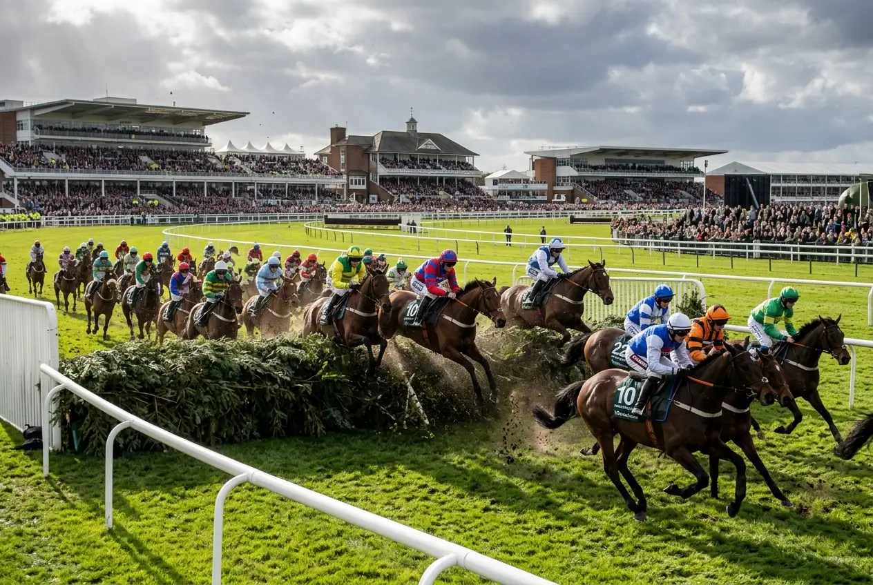 Large field of horses clearing Becher's Brook fence during the Grand National at Aintree