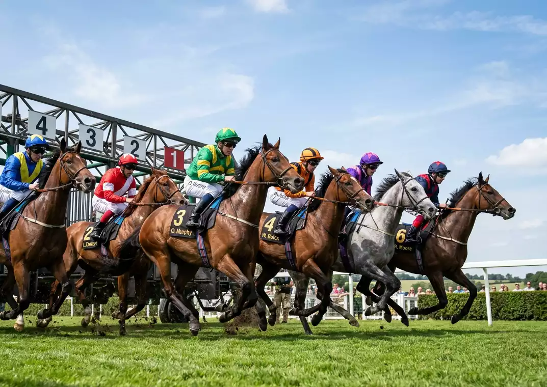 Horses breaking from starting gates at a UK flat racing meeting, illustrating the four-leg structure