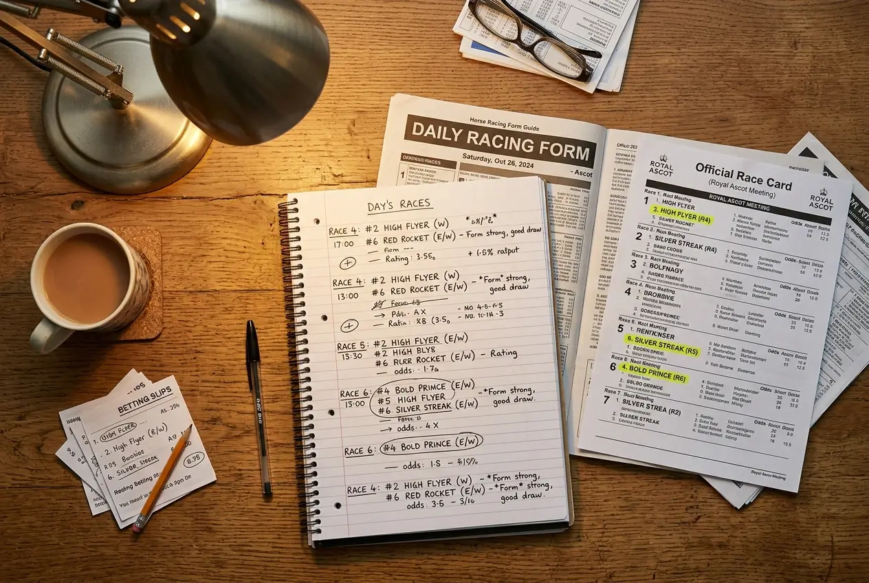 Punter studying horse racing form guide to identify suitable banker legs for a pool bet