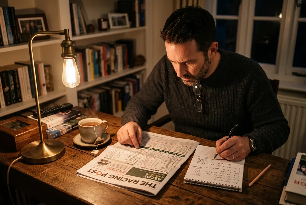 Horse racing form study on a desk with racing newspaper and notes