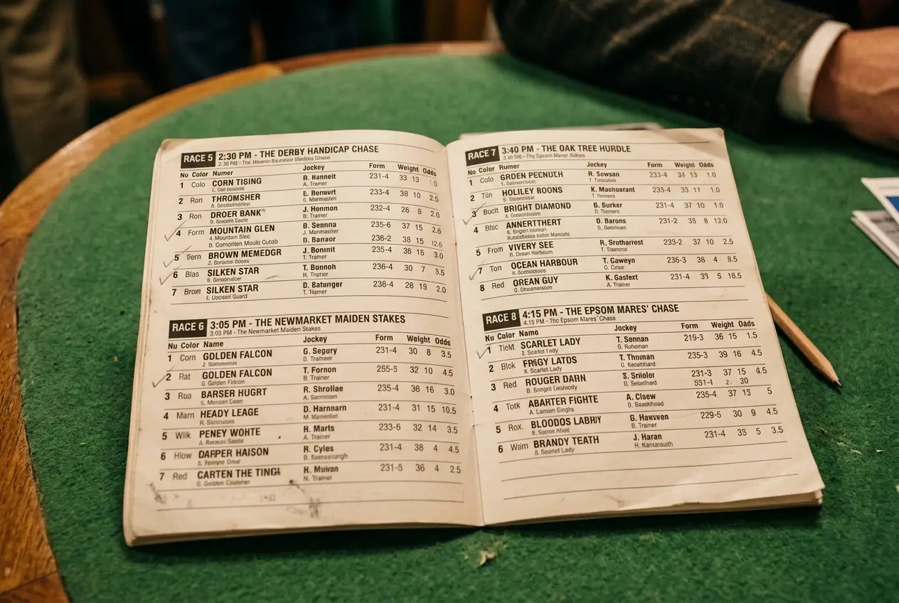 Four horse racing legs on a race card with pool bet selections marked in each race