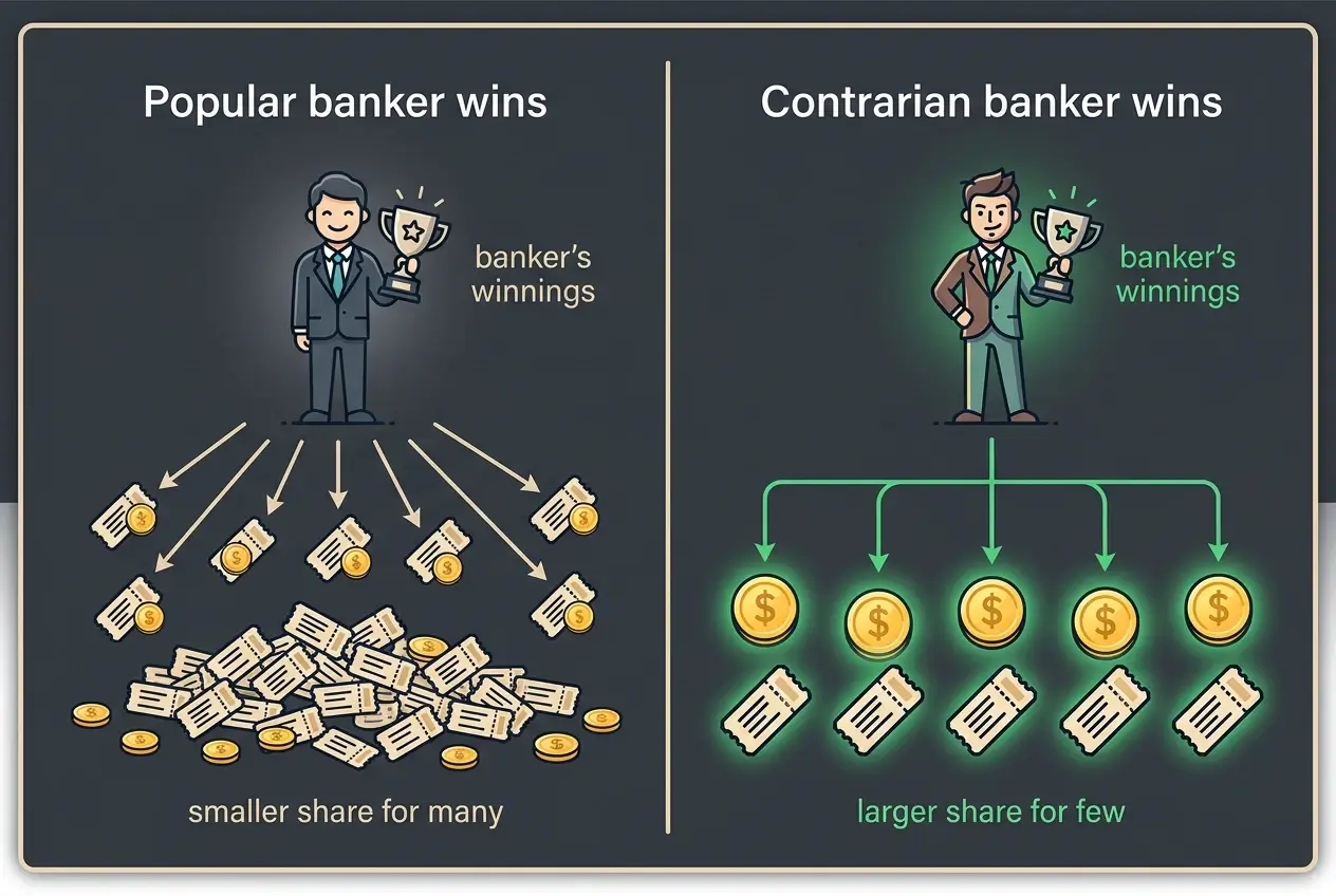 Diagram illustrating how pool dividend is distributed among surviving tickets after a banker selection wins