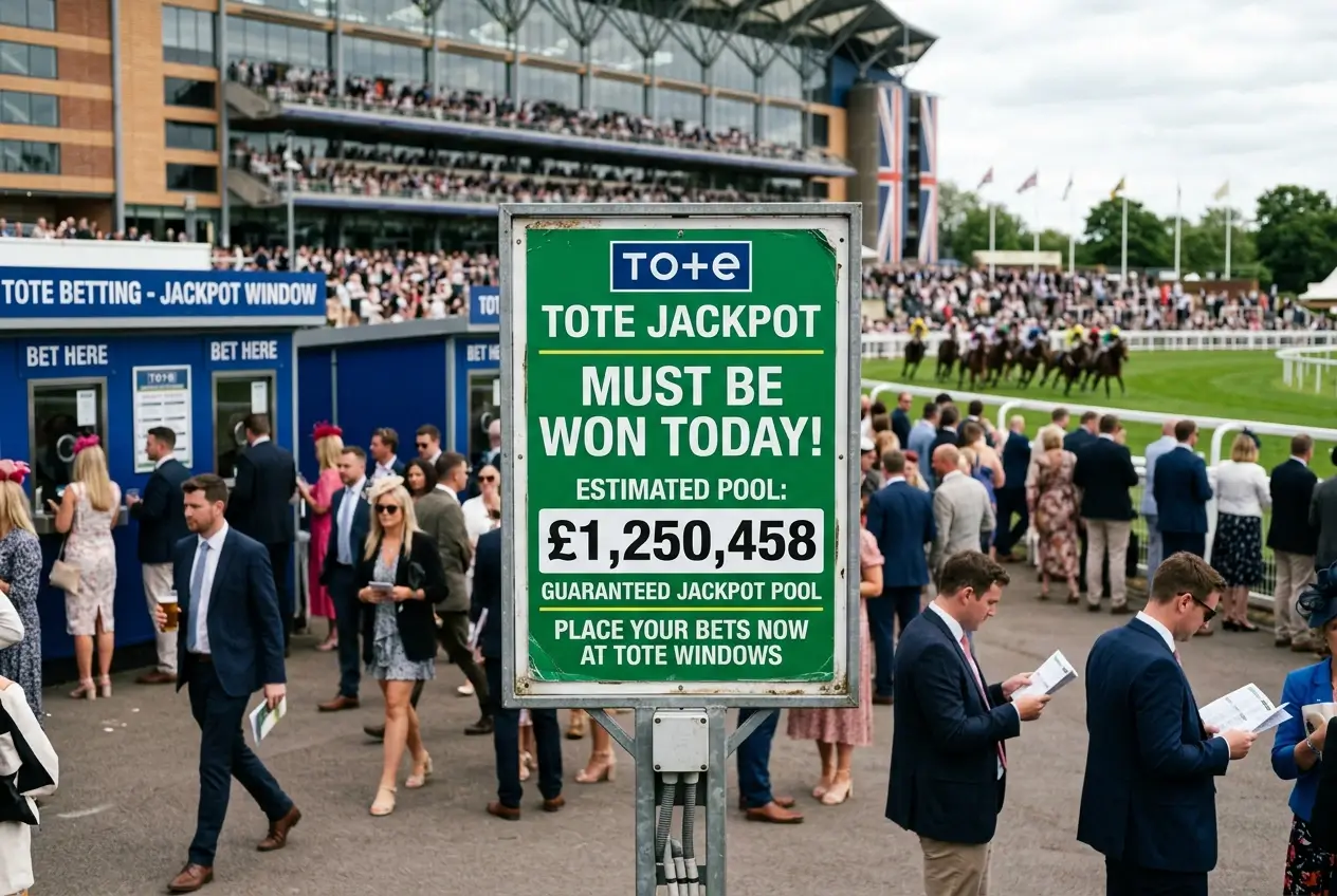 Must-be-won jackpot pool sign at British Tote betting meeting