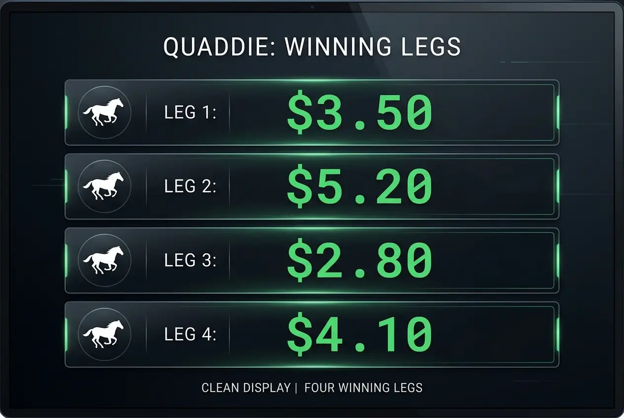 Results board showing the four Melbourne Cup 2024 quaddie winning selections and their starting prices