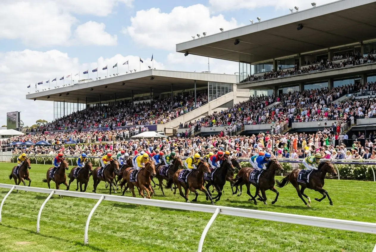Melbourne Cup 2024 race at Flemington racecourse with packed grandstand and large field of starters