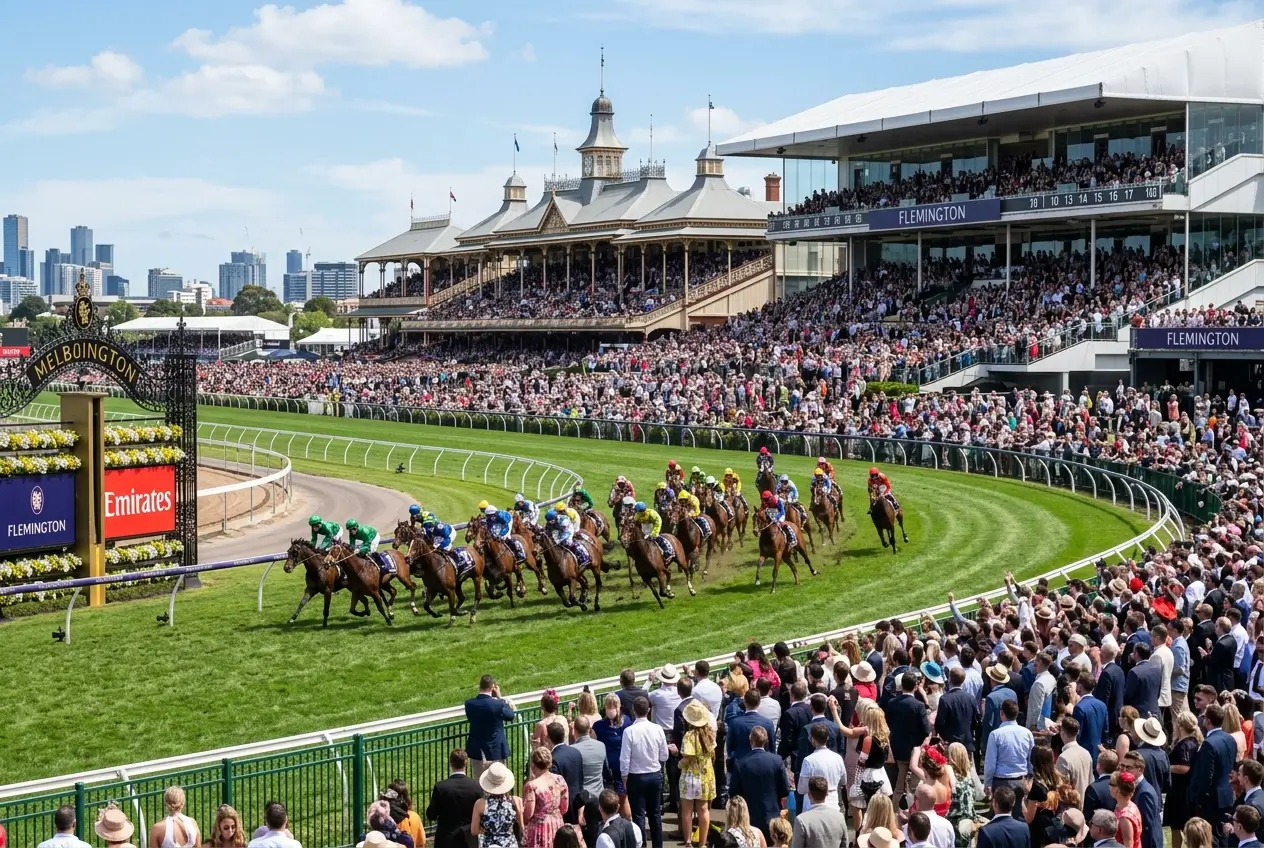 Melbourne Cup race at Flemington with large field rounding bend and pool betting board showing dividend