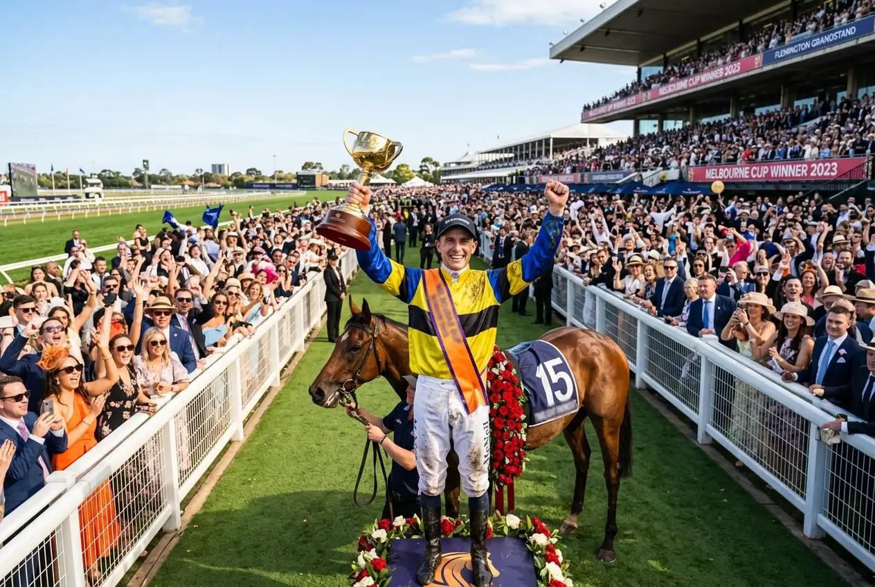 Melbourne Cup winner celebration at Flemington with crowd and trophy