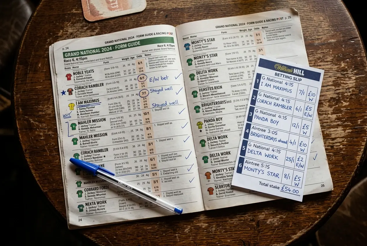 Race form guide and notes laid out for a punter planning their Aintree Placepot selections
