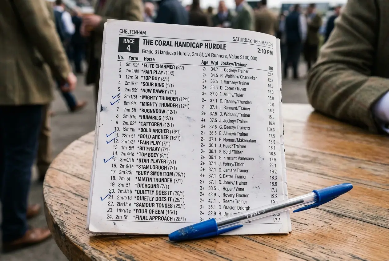 Large field horse race card showing four selections marked across open handicap field