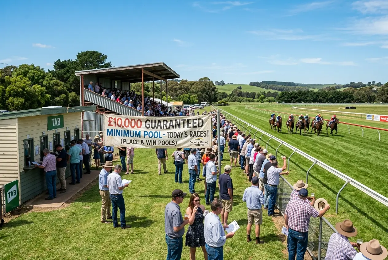 Race meeting signage showing operator guaranteed minimum pool amount