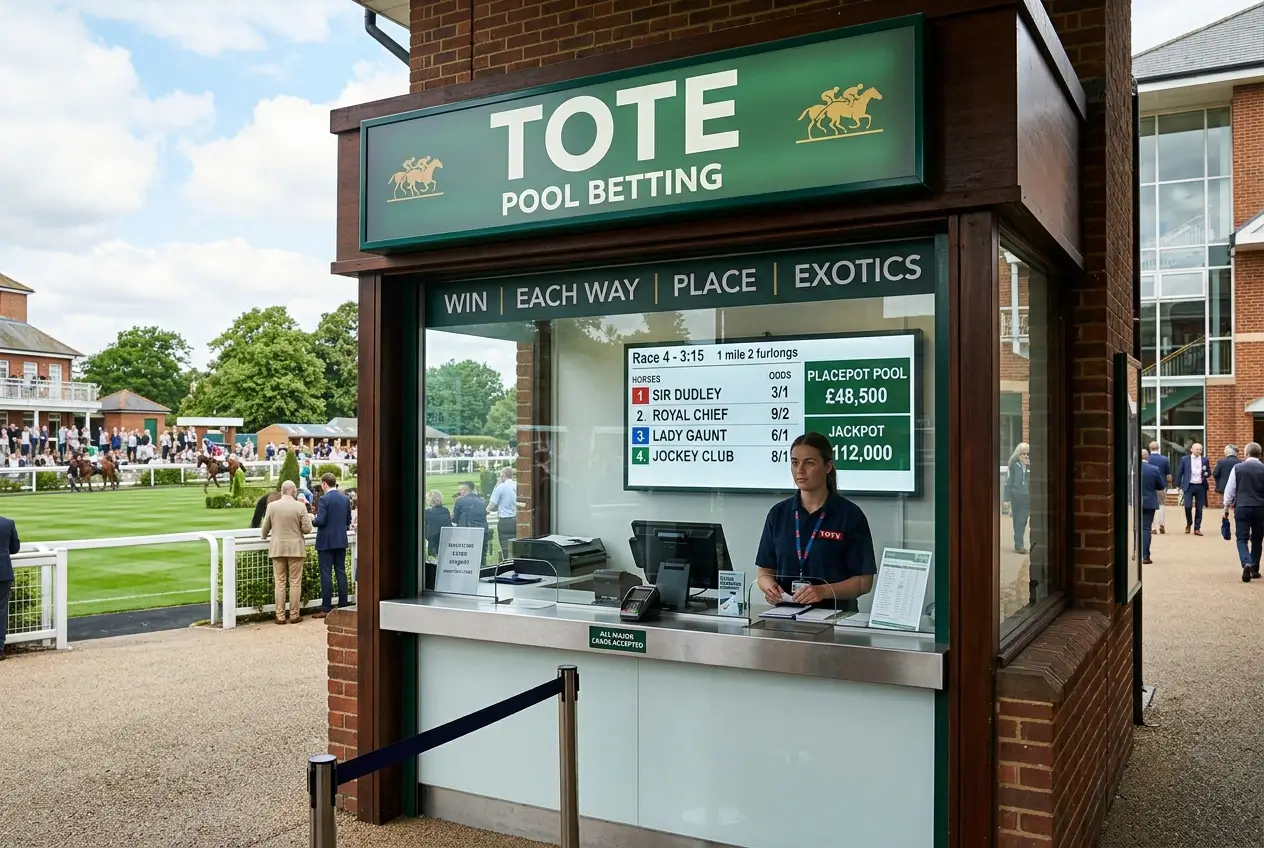 Tote pool betting window at a British racecourse with pool prices displayed on board
