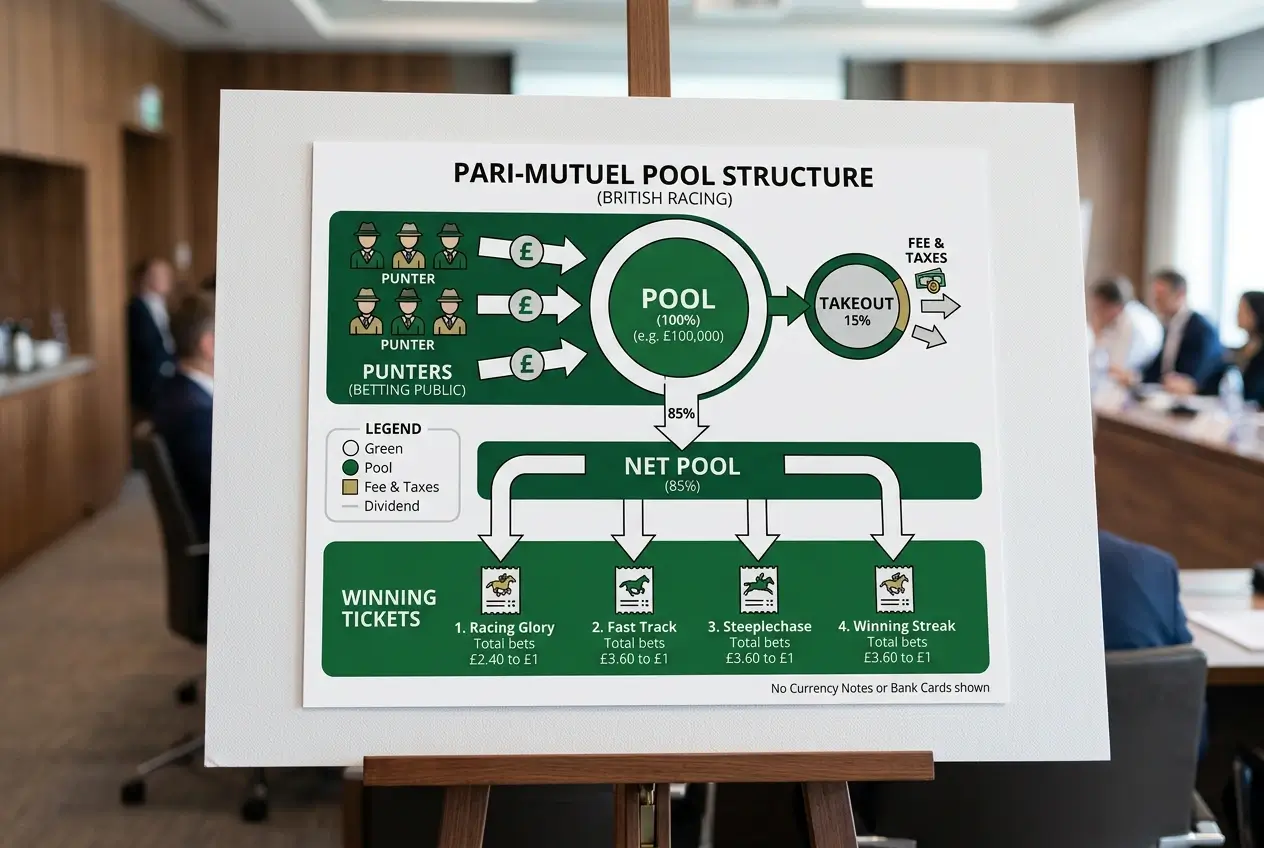Clean diagram showing pari-mutuel pool structure with bettors' stakes pooling into a shared fund and paying out to winning tickets