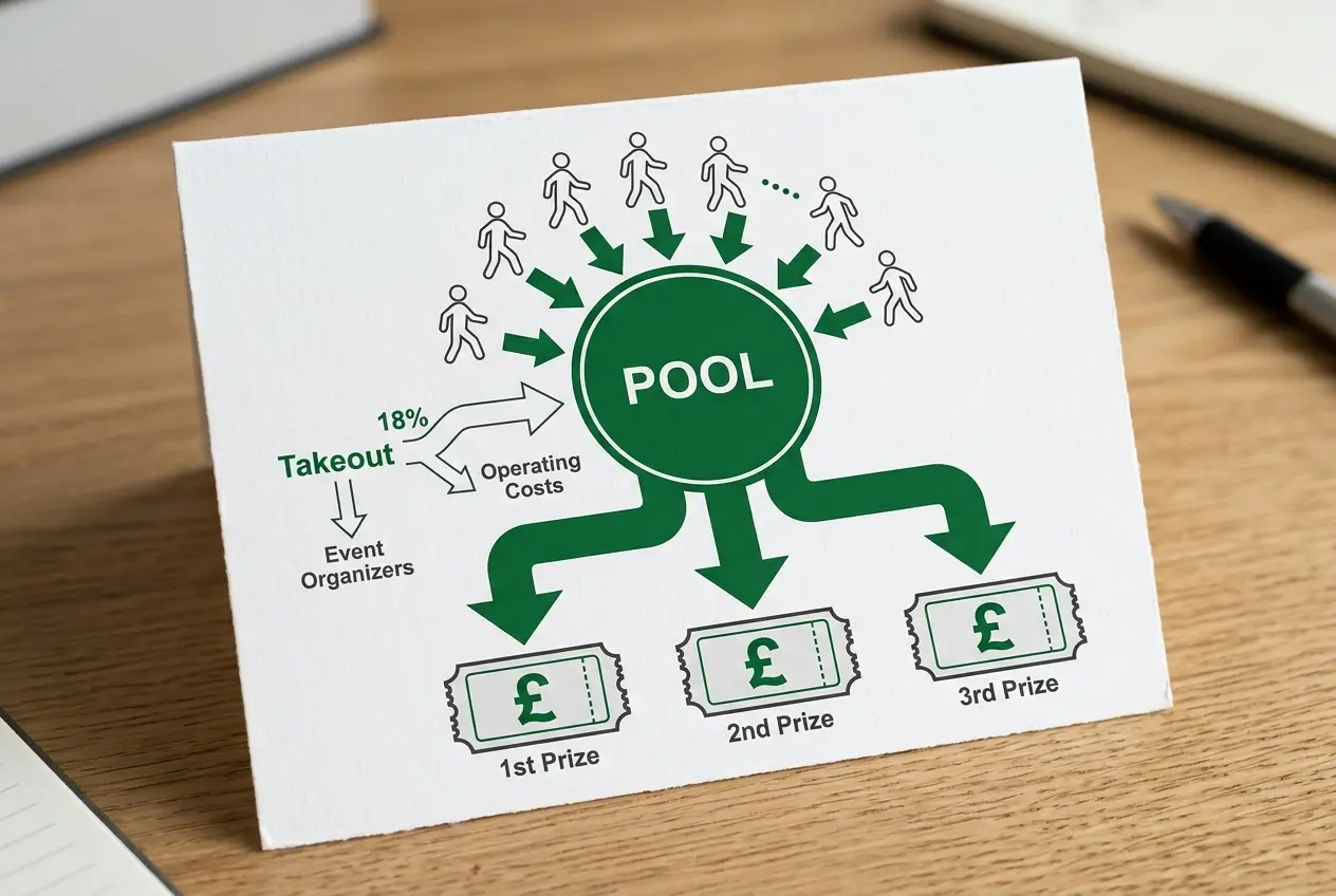 Illustration of pool betting stakes collecting into a large shared pot with arrows dividing among a small number of winning ticket holders