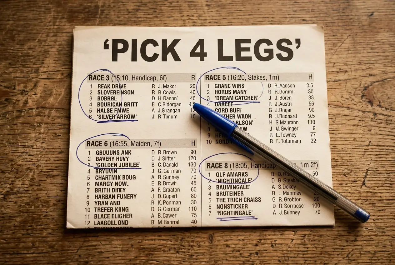 Race card showing Pick 4 nominated races with winning selection marked in each leg
