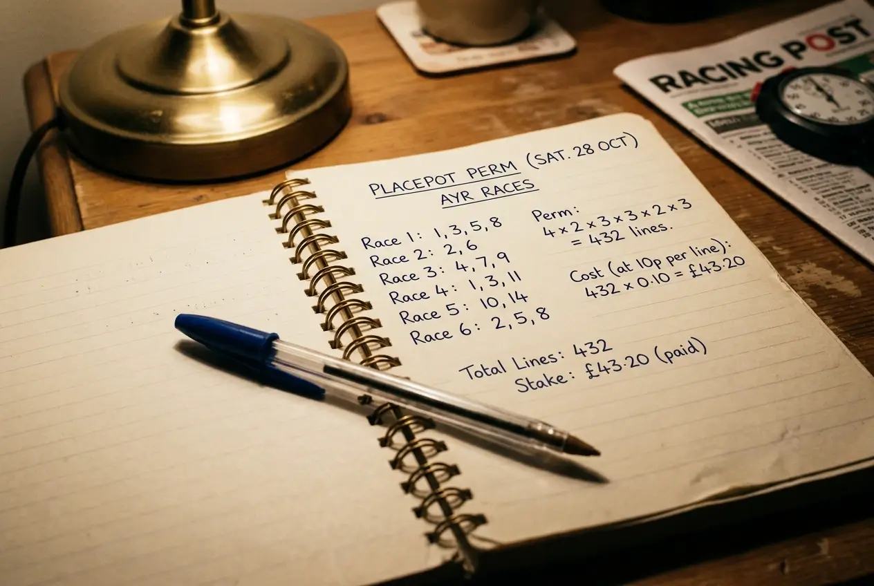 Notebook with Placepot perm combinations and cost calculations written out