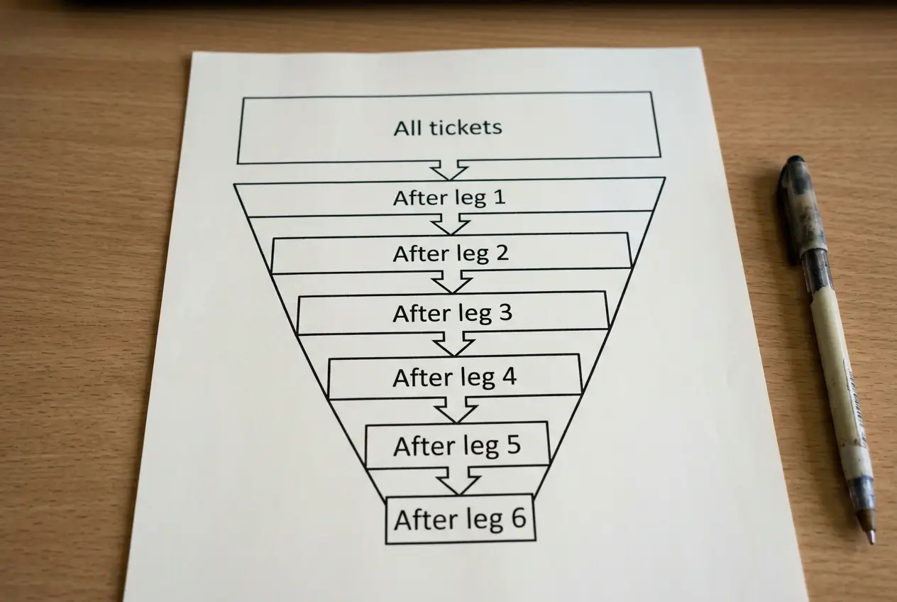 Simple flow diagram showing how each Placepot leg eliminates tickets from the surviving pool