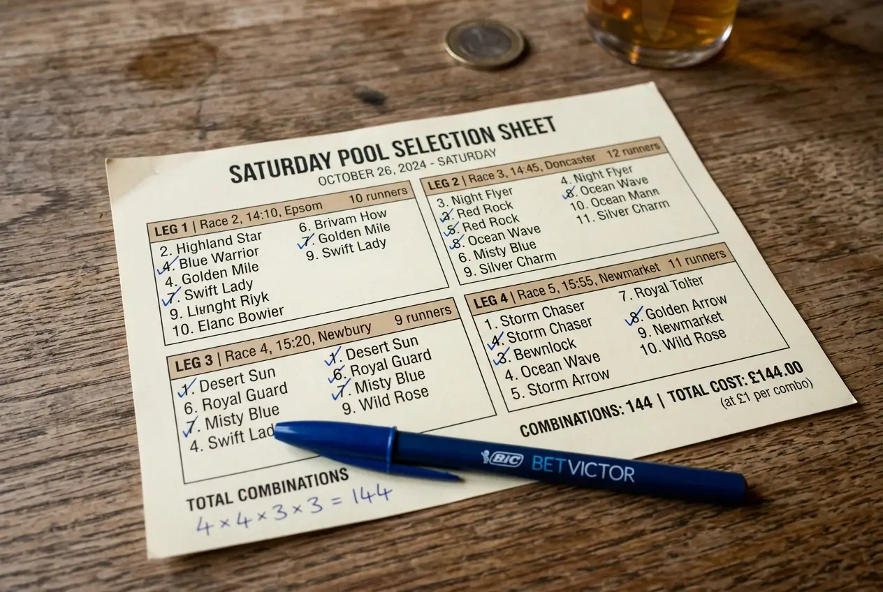 Race card with wide multi-selection pool bet structure showing budget-efficient coverage across legs