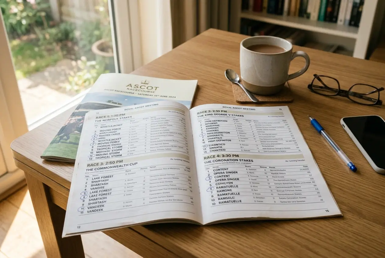 Race card on a desk with multiple pool bet selections spread across four races showing wide coverage approach
